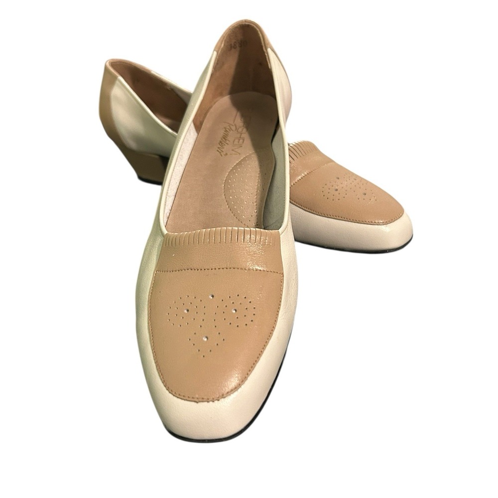 Florsheim Ramblers Leather Block Heeled Slip On Pumps Womens Sz 9B(M) Ivory Tan
